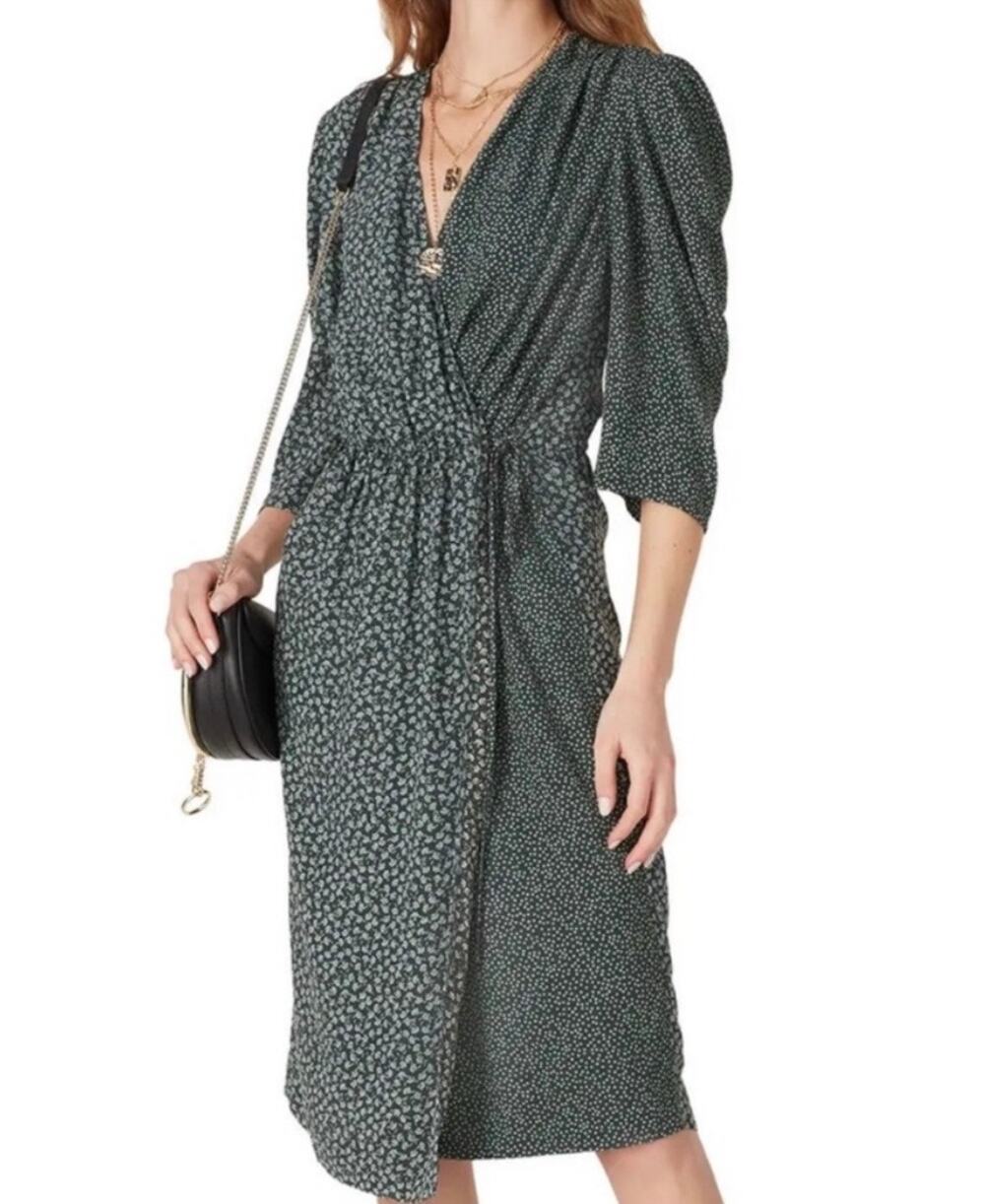 See by Chloe Midi Wrap Dress Floral Polka Dot 1/2 Sleeve Green FR 42 US 10
